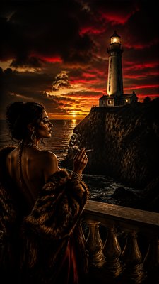 a lone lighthouse on a cliff at dusk under a dramatic sky, no text or lettering