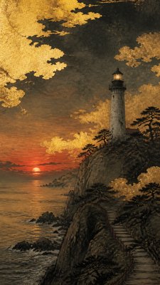 a lone lighthouse on a cliff at dusk under a dramatic sky, no text or lettering