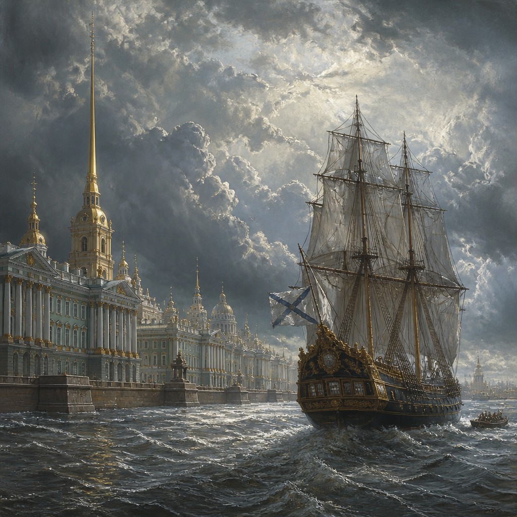 sailing ship on a stormy sea — St. Petersburg Imperial Art Style