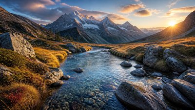 a vast valley with a river winding toward distant mountains at sunrise, no people, no text