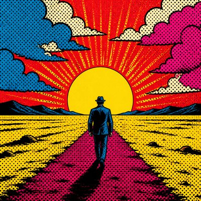 a solitary figure walking toward a glowing horizon across an empty plain, moody atmosphere, no text or lettering