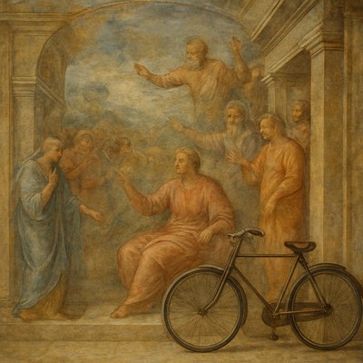 bicyle resting against a wall