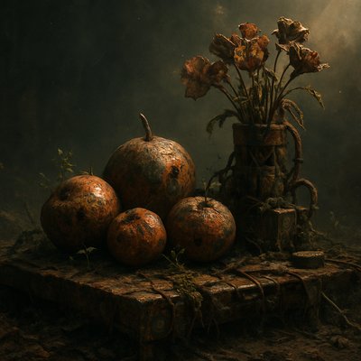 still life arrangement of fruits and flowers