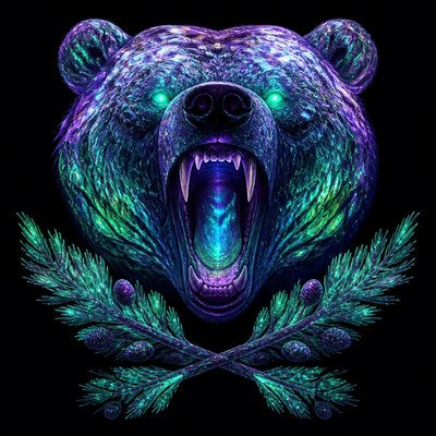 a roaring bear head above crossed pine branches, bold graphic composition on a plain background, no text