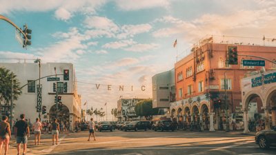 bustling city street panorama at dusk