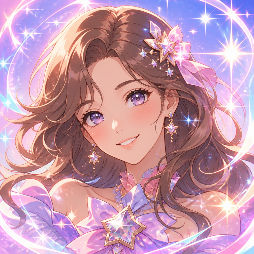 head-and-shoulders portrait of an original character: a young woman with wavy chestnut hair and a warm smile, plain soft backdrop