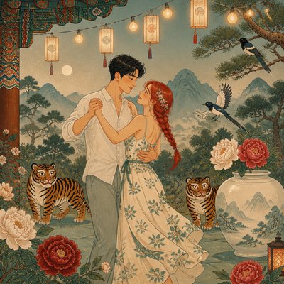 an original couple dancing under string lights in a garden at dusk: a man with short black hair in a linen shirt and a woman with braided red hair in a summer dress