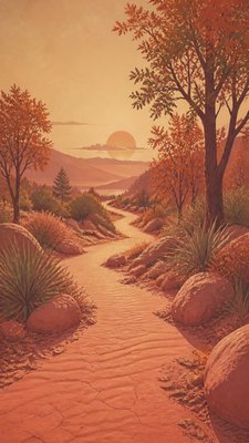 a winding forest path in golden autumn light, no people