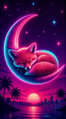 a sleeping baby fox curled on a crescent moon among soft stars, gentle and warm, no text