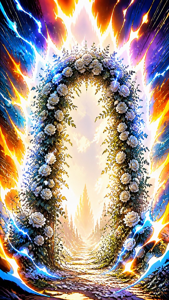 an arch of white roses and eucalyptus in soft morning light, elegant vertical composition with open space, no text