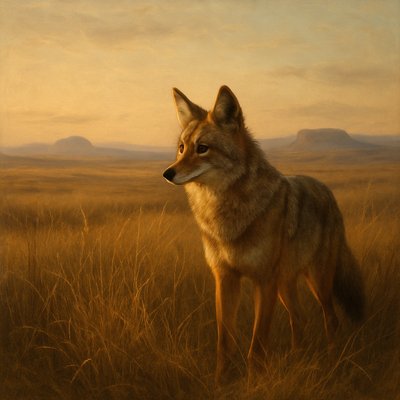 Realism Art Style, Tonalism Art Style, A solitary coyote, alert and focused, standing amidst tall, swaying prairie grasses at golden hour. The setting sun casts a warm, ethereal glow and illuminates its fur in rich amber and russet tones. Vast, rolling plains, subtle ancient buttes in the distance, serene atmosphere.