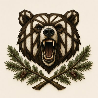 a roaring bear head above crossed pine branches, bold graphic composition on a plain background, no text