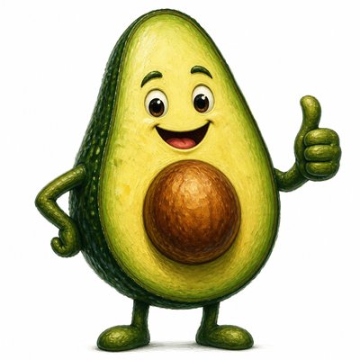a happy avocado character giving a thumbs up, bold readable design on a plain background, no text