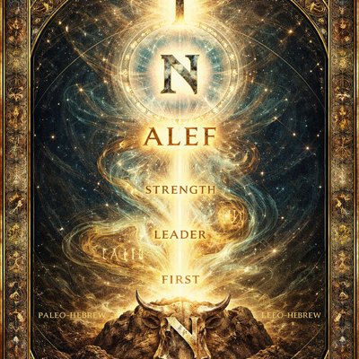 Art Style: A complex, symbolic conceptual illustration blending ancient mysticism with modern schematic design. The aesthetic should feel like an illuminated alchemical manuscript crossed with a celestial blueprint. Textures of aged vellum, carved stone, and glowing divine energy.

Central Composition: A vertical evolutionary flow. At the grounding base, emerging from rough, ancient rock, is the Paleo-Hebrew Aleph symbol (the stylized ox head with horns, looking like an 'A' lying on its side). It is carved deeply, looking primal and strong.

Transition & Meanings: Rising from the Paleo symbol is a swirling vortex of golden and blue light, forming a "pillar of meaning." Within this energy stream, ethereal visual metaphors and text are embedded: ghostly outlines of a powerful ox plowing, a stylized crown representing leadership, and a single radiant beam of light connecting heaven and earth. The English words "STRENGTH," "LEADER," and "FIRST" are written in archaic, glowing script along this rising path.

The Modern Form: At the apex, floating suspended in a sphere of brilliant white light, is the Modern Hebrew letter א (Aleph). It is rendered not just as ink, but as three distinct components of energy (the upper yod, lower yod, and connecting vav) held together in perfect balance, symbolizing divine unity.

Textual Integration:

Floating prominently above the entire composition is the large, glowing number "1".

Bridging the gap between the ancient and modern forms in the center of the image is the word "ALEF" in a bold, timeless font.

Small labels "PALEO-HEBREW" and "MODERN HEBREW" are discreetly placed near their respective symbols.

Overall Mood: Profound, sacred, interconnected, and powerful. The background is a subtle star map with faint sacred geometry lines.
