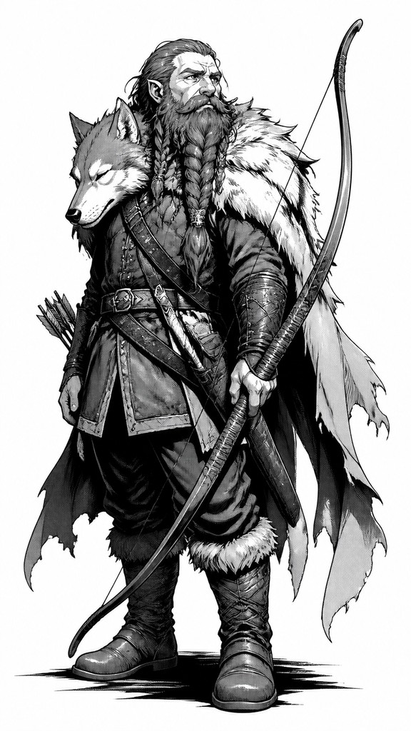 full-body original character: a dwarven ranger with a braided auburn beard, worn leather armor, a longbow and a wolf-pelt cloak, neutral background, no text