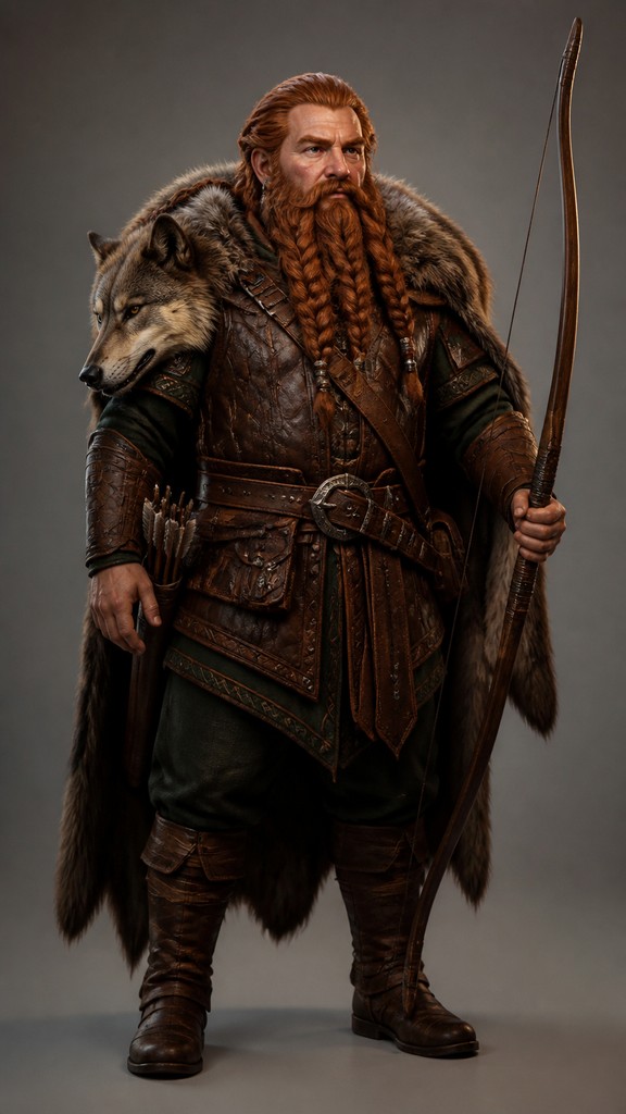 full-body original character: a dwarven ranger with a braided auburn beard, worn leather armor, a longbow and a wolf-pelt cloak, neutral background, no text