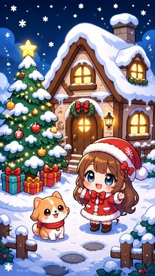 a snow-covered cottage with warm glowing windows beside a decorated pine tree, gentle snowfall, no text