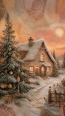 a snow-covered cottage with warm glowing windows beside a decorated pine tree, gentle snowfall, no text