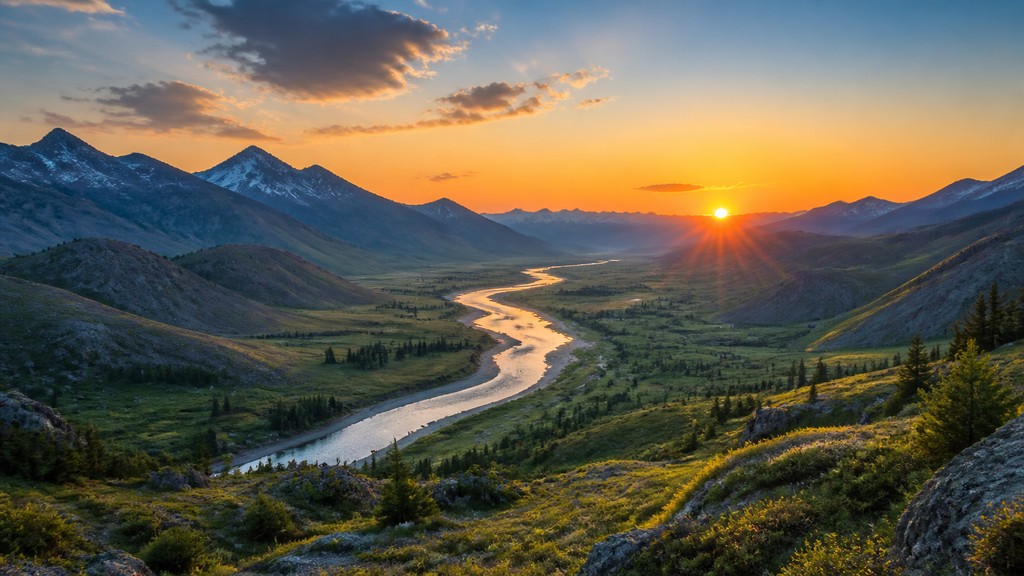 a vast valley with a river winding toward distant mountains at sunrise, no people, no text