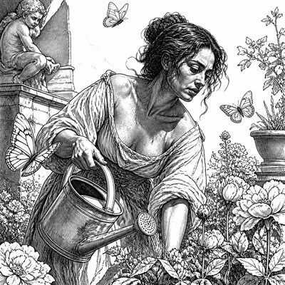 a garden scene with butterflies, flowers and a watering can, clean uncolored line art, no text