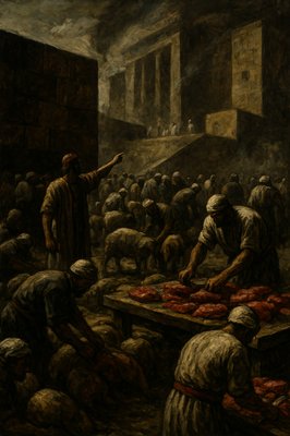 a painting of a group of people standing around a table