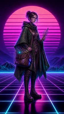 full-body original character: a wandering botanist with a satchel of plants, a patched green cloak, tall boots and round glasses, neutral background