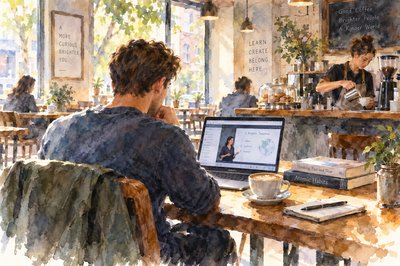 In a quiet coffee shop with only a few customers a young man about 25 sits at a table with his back to us, an inviting cup of coffee on the table, and a MacBook Pro open in front of him.  He has a couple books stacked on the side by the laptop and he's deep in thought about the content on his screen.  Nearby a barista brews a latte for another customer.  This is online education at its best.