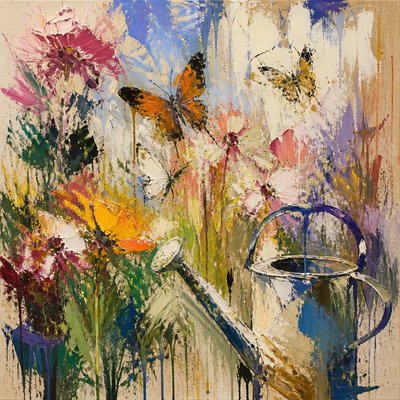 a garden scene with butterflies, flowers and a watering can, clean uncolored line art, no text