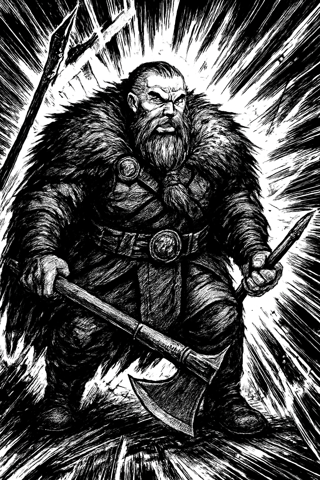 a black and white drawing of a man with an axe
