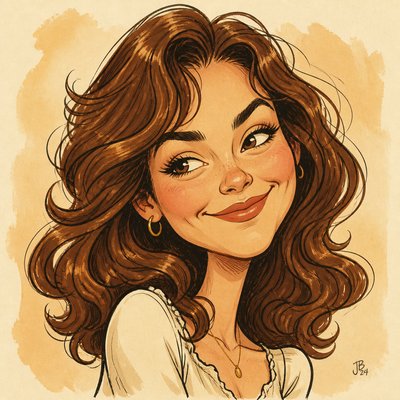 head-and-shoulders portrait of an original character: a young woman with wavy chestnut hair and a warm smile, plain soft backdrop