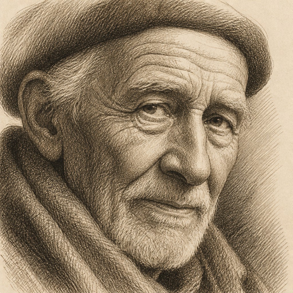 close-up portrait of an elderly person with expressive weathered features — Hatching Drawing Style