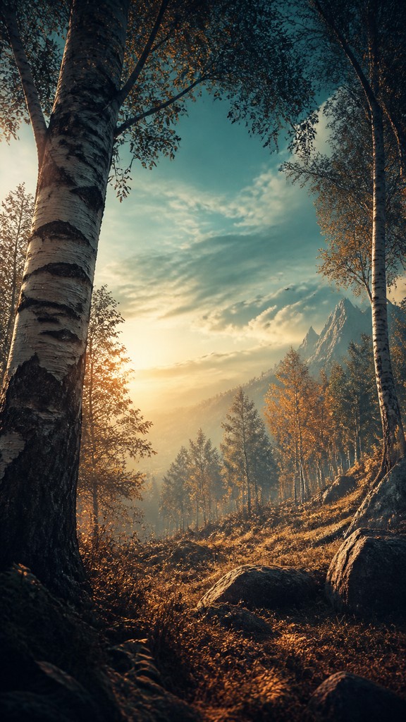 a serene birch forest in soft morning light, no people, no text