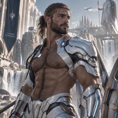Je veux que tu me fasses un guerrier, tres modern avec une armure moderne genre full blanc argenté bleu claire avec le torse non couvert, on voit ses muscle et il a une barbe et des cheveux lisse mi long attacheé en arriere avec un elastic il est hot et un peu poilu pour le realisme il est brun et a des yeux bleu clair on dirait presque un dieu nordick modern , je repete on voit son torse poilu
