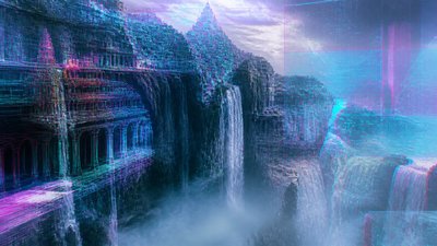 a cliffside city with waterfalls cascading into a misty canyon, wide establishing shot, no people, no text