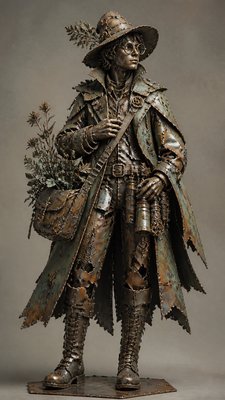 full-body original character: a wandering botanist with a satchel of plants, a patched green cloak, tall boots and round glasses, neutral background