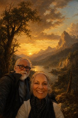 a painting of a man and a woman taking a selfie