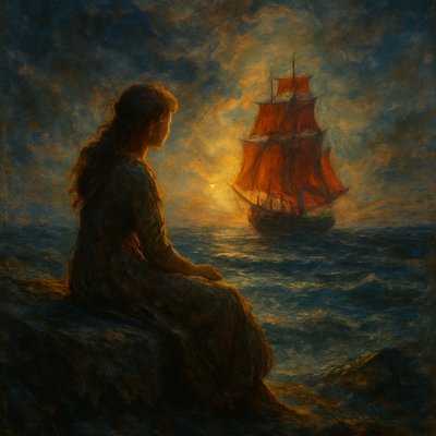 a girl sitting on a rock looking at the sea with a big ship with red sails on the horizon