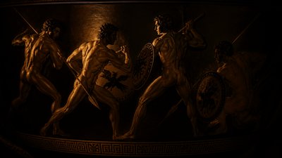 ancient greek ignudi warriors with spears vase painting