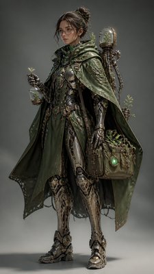 full-body original character: a wandering botanist with a satchel of plants, a patched green cloak, tall boots and round glasses, neutral background