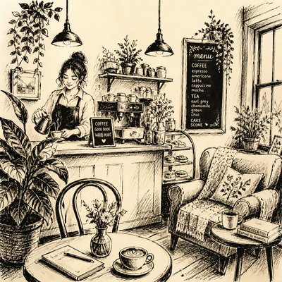 cozy cafe interior with warm lighting