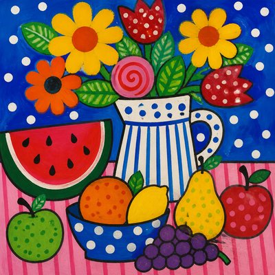 still life arrangement of fruits and flowers