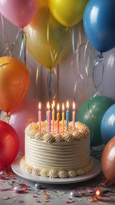 a birthday cake with lit candles surrounded by balloons and confetti, festive vertical composition, no text