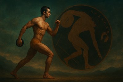 a painting of a man holding a ball and a disc