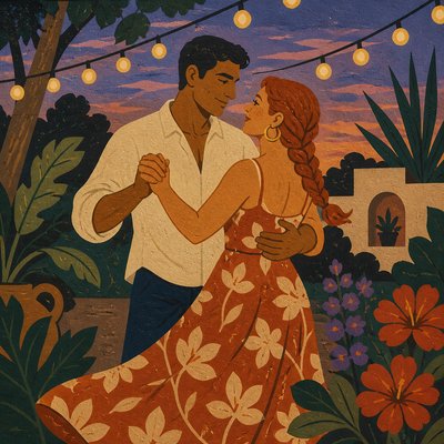 an original couple dancing under string lights in a garden at dusk: a man with short black hair in a linen shirt and a woman with braided red hair in a summer dress