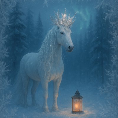 "A majestic white horse standing in a deep, snow-covered forest as a guardian of the winter solstice. The horse wears an intricate crown made of frosted silver branches and glowing quartz crystals. Fine starlight sparkles are woven into its long, flowing mane. A single vintage lantern sits on the snow at its feet, casting a warm, golden candlelight glow against the blue twilight. In the background, a faint aurora borealis dances through the trees. The style is whimsical and surreal, with a soft, painterly photographic quality—prioritizing quiet magic over loud spectacle."