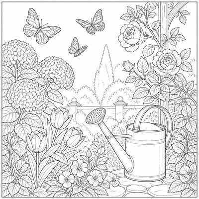 a garden scene with butterflies, flowers and a watering can, clean uncolored line art, no text