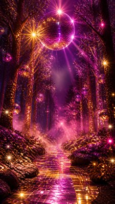 a mysterious forest path with fireflies and drifting mist, atmospheric vertical composition with open space at the top, no text