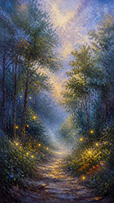 a mysterious forest path with fireflies and drifting mist, atmospheric vertical composition with open space at the top, no text