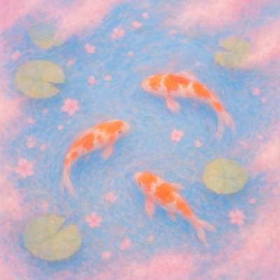 A koi pond seen from above, orange and white koi fish swimming among lily pads, clear water with subtle ripples, fallen cherry blossom petals floating on the surface, dappled sunlight