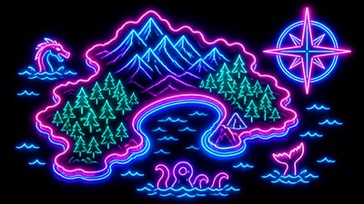 a map of an island realm with mountains, forests, a sheltered bay, sea monsters in the water and a compass rose, no text labels